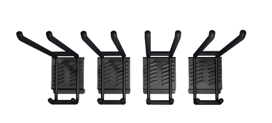 Set of five black guitar capos on a white background