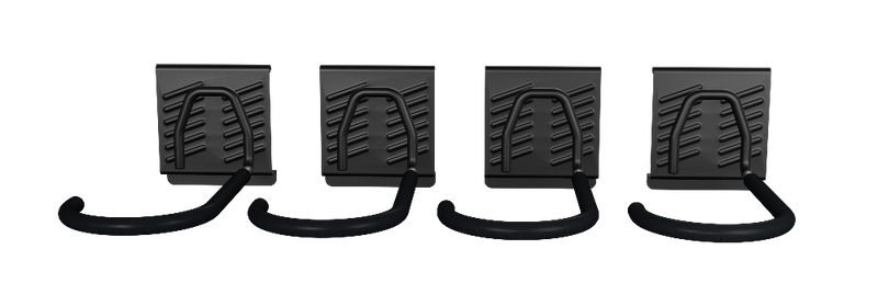 Load image into Gallery viewer, Four black metal wall hooks with textured design on a white background
