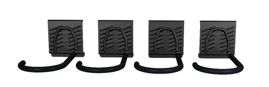 Four black metal wall hooks with textured design on a white background