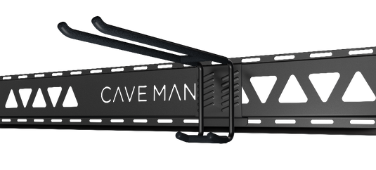 Black TV stand bracket with 'Cave Man' branding on a white background