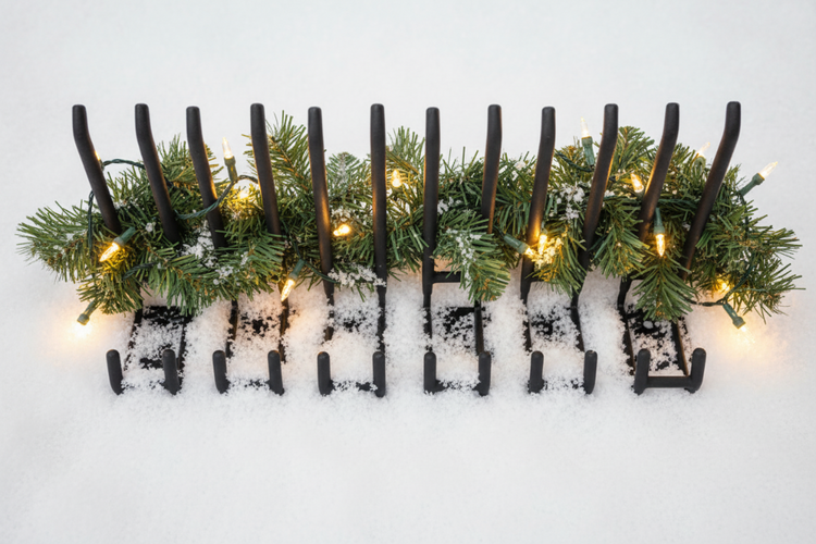 cave man quad claw hooks in the snow with garland and Christmas lights